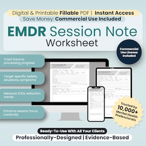 May include: A digital printable EMDR Session Note Worksheet in PDF format. The worksheet is designed for mental health professionals and includes sections for tracking trauma processing progress, targeting specific beliefs, situations, and symptoms, measuring SUDs reduction trends, and enhancing session focus and continuity. The worksheet is ready-to-use with all clients and is professionally designed and evidence-based.