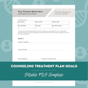 Op de afbeelding: Een invulbaar PDF-sjabloondocument voor behandelplandoelen bij counseling. Het formulier bevat secties voor cliëntnaam, geboortedatum, clinicusnaam, plandatum, revisiedatum, probleem of symptoom, langetermijndoel en verschillende datums.
