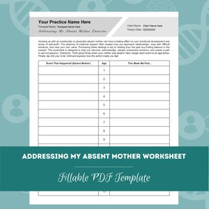Op de afbeelding: Een printbaar werkblad met de titel "Addressing My Absent Mother Worksheet" met een groene en blauwe achtergrond. Het werkblad is ontworpen om mensen te helpen hun gevoelens te verwerken over het hebben van een afwezige moeder. Het bevat een tabel met kolommen voor de leeftijd van de persoon en de gebeurtenis die heeft plaatsgevonden, en een ruimte voor de persoon om te schrijven hoe die gebeurtenis hen heeft doen voelen.