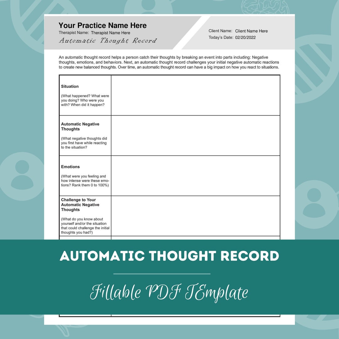 Automatic Thought Record Editable / Fillable PDF Template for