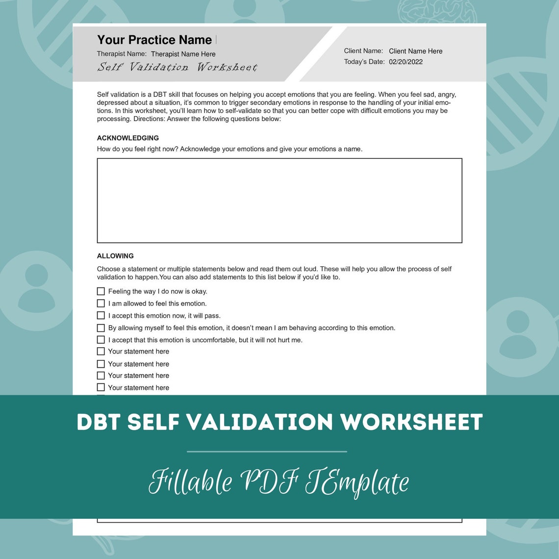 DBT Self Validation Worksheet | Editable / Fillable PDF Template | for ...