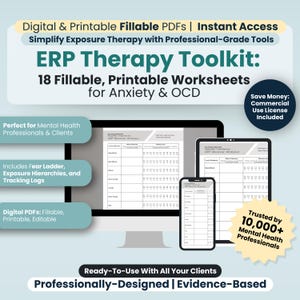 Op de afbeelding: Advertentie voor de "ERP Therapy Toolkit" met een computermonitor, tablet en smartphone die invulbare werkbladen weergeven. De toolkit bevat 18 afdrukbare werkbladen voor angst en OCD, met een commerciële licentie. De tekst benadrukt functies zoals angstladders en tracking logs.