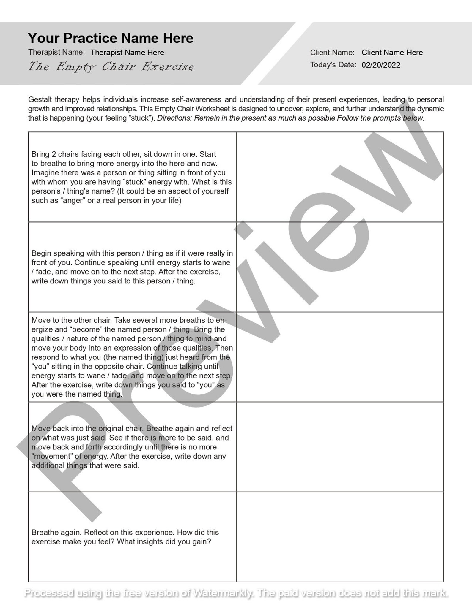 Gestalt Therapy Empty Chair Exercise Worksheet | Editable / Fillable ...