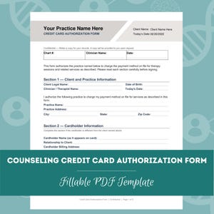 Credit Card Authorization Form for Mental Health Practices | Therapy Payment Authorization Template | Private Practice Form (PDF + Word Doc)