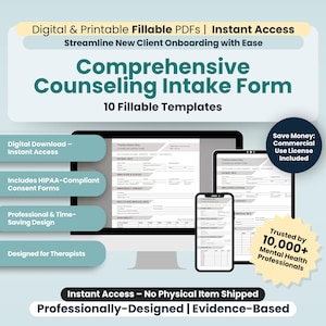 Counseling Intake Form - Telecounseling Consent | Editable / Fillable PDF | For Counselors, Psychologists, Psychiatrists, Therapists