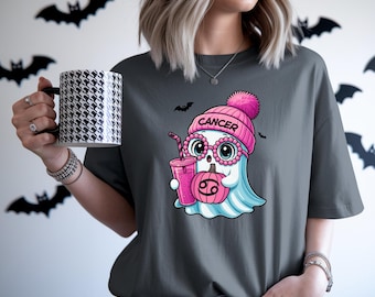 Cute Ghost Shirt, Cancer Shirt, Zodiac Halloween Shirt, Spooky Season Tee, Cute Fall Shirt for Women, Personalized Pink Halloween Tshirt