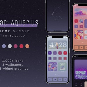 May include: A phone screen displaying a custom phone theme with a purple and pink color scheme. The theme features a constellation of stars, a graphic of the Aquarius zodiac sign, and the text "Stay Weird."