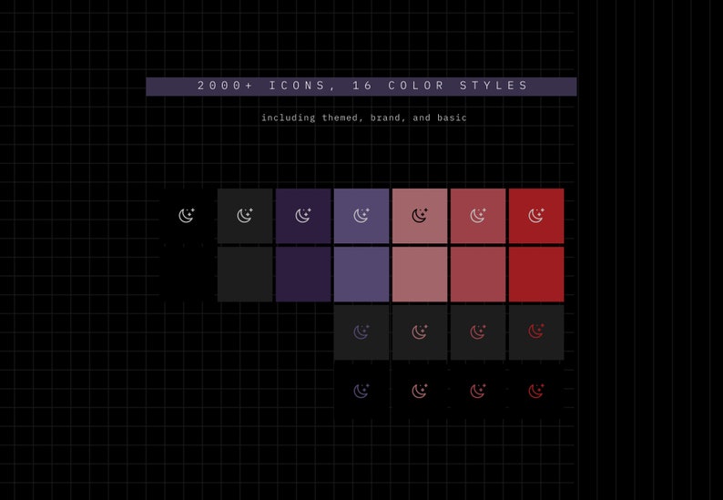 K&ouml;nnte beinhalten: Eine Farbpalette mit 16 verschiedenen Schattierungen von Rot, Lila und Schwarz. Die Palette wird in einem Raster mit einem Halbmond-Symbol in jedem Quadrat angezeigt.