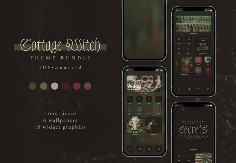 May include: A digital phone screen mockup with a dark green and black theme. The screen displays a calendar with the date "Friday, October 23" and a clock with the time "7:23". The phone screen also displays a grid of icons with the text "inner gobbese" on one of the icons. The phone is on a dark green and black background.