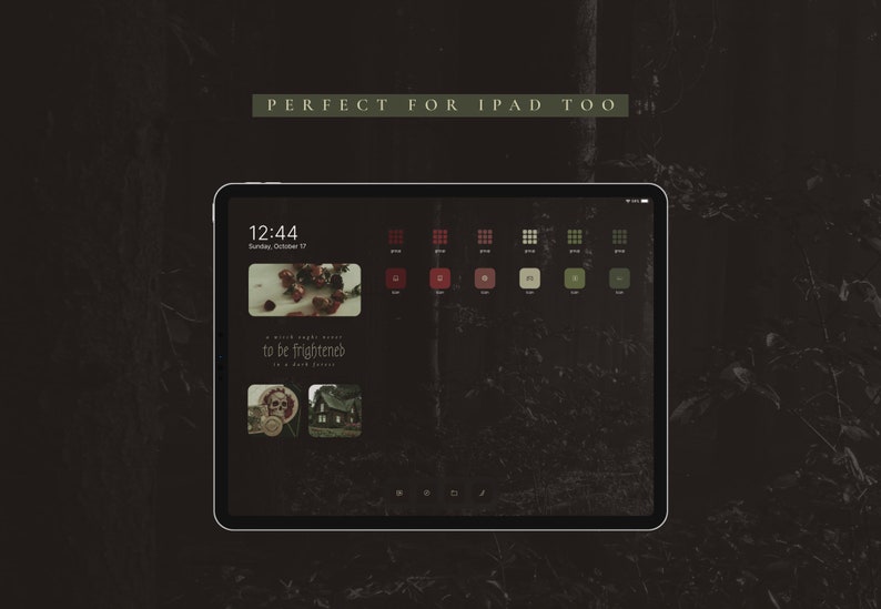 May include: A dark green and black iPad screen with a dark forest background. The screen displays a clock with the time 12:44, the date Sunday, October 17, and the text "a witch might need to be frightened in a dark forest".
