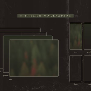 May include: Eight themed phone wallpapers featuring a blurred forest scene. The wallpapers are arranged in a grid with four different styles: solid, forest, gradient, and trees.