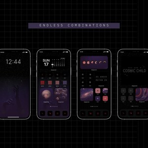 K&ouml;nnte beinhalten: Vier verschiedene Telefonbildschirme mit einem dunklen Hintergrund und einem Sternenhimmel-Thema. Die Bildschirme zeigen verschiedene Widgets und Apps, darunter eine Uhr, einen Kalender und eine Wetter-App. Der Text "ENDLESS COMBINATIONS" wird oben im Bild angezeigt.