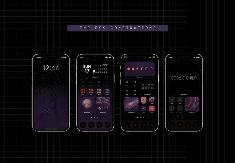 K&ouml;nnte beinhalten: Vier verschiedene Telefonbildschirme mit einem dunklen Hintergrund und einem Sternenhimmel-Thema. Die Bildschirme zeigen verschiedene Widgets und Apps, darunter eine Uhr, einen Kalender und eine Wetter-App. Der Text "ENDLESS COMBINATIONS" wird oben im Bild angezeigt.