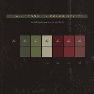 May include: A graphic showing 12 different color styles for 1,000+ icons. The icons are outlined in white and feature a mountain range with a small tree. The color styles include shades of green, beige, and red.