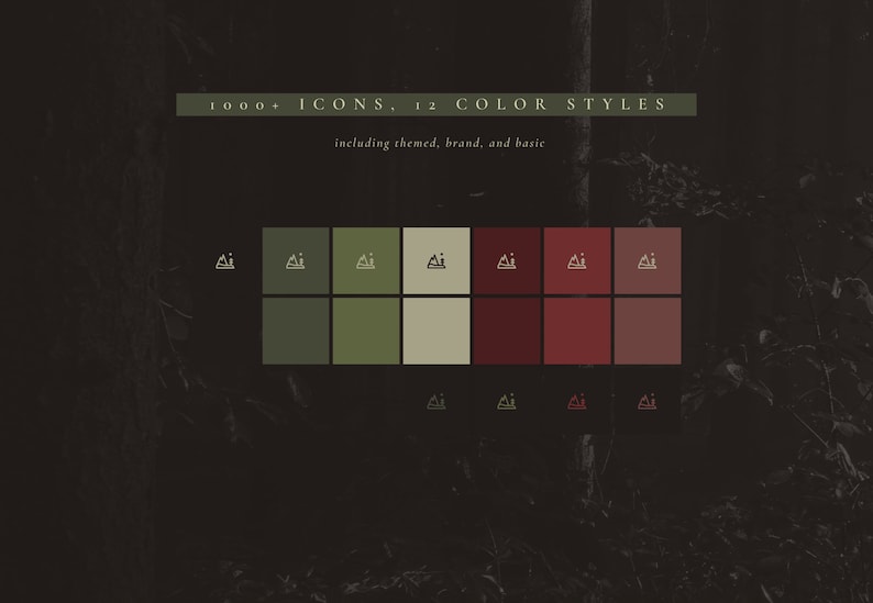 May include: A graphic showing 12 different color styles for 1,000+ icons. The icons are outlined in white and feature a mountain range with a small tree. The color styles include shades of green, beige, and red.
