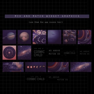 K&ouml;nnte beinhalten: Ein Raster mit 12 Bildern, die einen Mix-and-Match-Satz von Grafiken zum Thema Kosmos f&uuml;r App-Cover zeigen. Die Bilder beinhalten Planeten, Sterne, Galaxien, Monde und abstrakte Designs in den Farben Lila, Pink und Schwarz.
