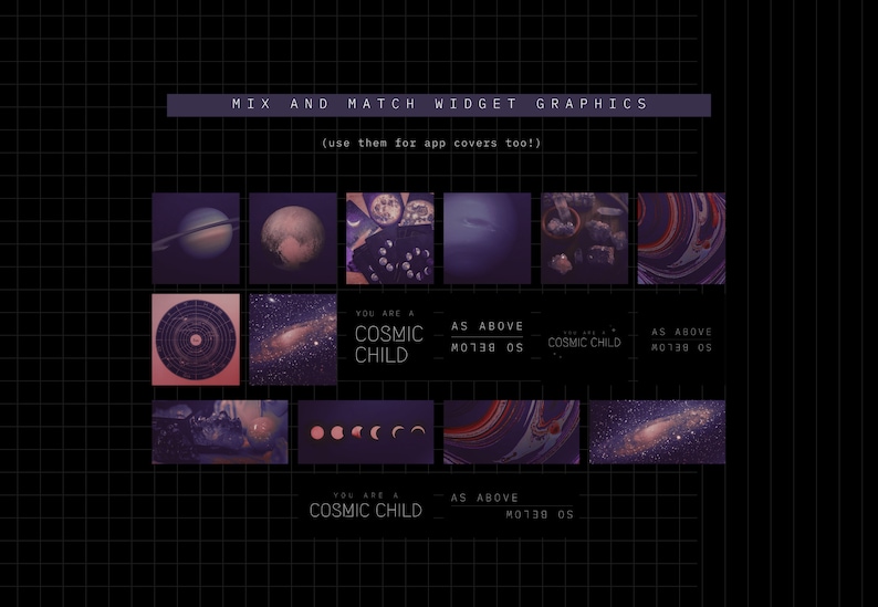 K&ouml;nnte beinhalten: Ein Raster mit 12 Bildern, die einen Mix-and-Match-Satz von Grafiken zum Thema Kosmos f&uuml;r App-Cover zeigen. Die Bilder beinhalten Planeten, Sterne, Galaxien, Monde und abstrakte Designs in den Farben Lila, Pink und Schwarz.