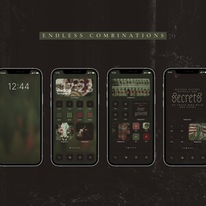 May include: Four iPhone screens with a dark green and black color scheme. The screens show different app icons and backgrounds. The text on the screens reads "Friday, October 22", "Inner Goddess", "Strong Steel", and "Mother Nature Reveals Her Secrets To Those Who Walk Her Path".