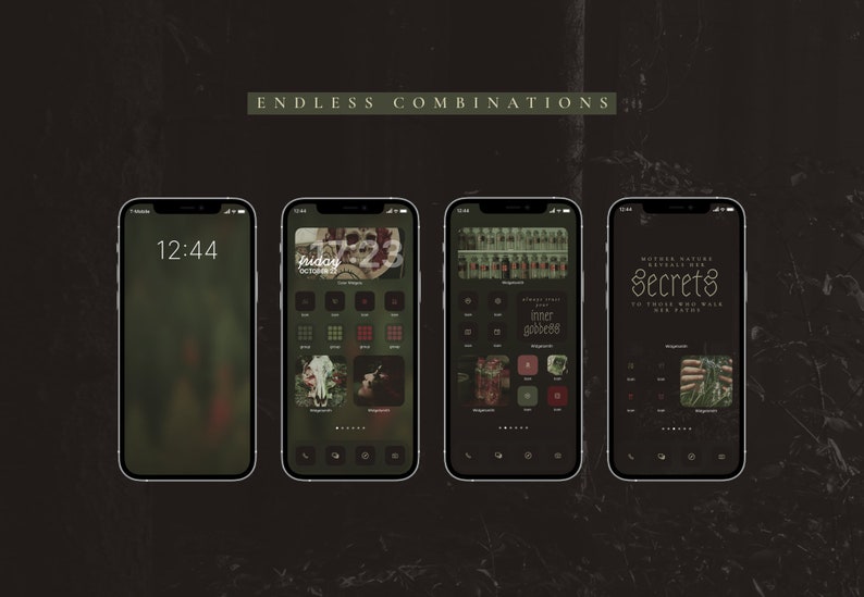 May include: Four iPhone screens with a dark green and black color scheme. The screens show different app icons and backgrounds. The text on the screens reads "Friday, October 22", "Inner Goddess", "Strong Steel", and "Mother Nature Reveals Her Secrets To Those Who Walk Her Path".