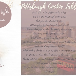 May include: A digital print with the text "Pittsburgh Cookie Table" in a script font. The text describes a wedding tradition of having a cookie table. The background features a cityscape and floral accents.