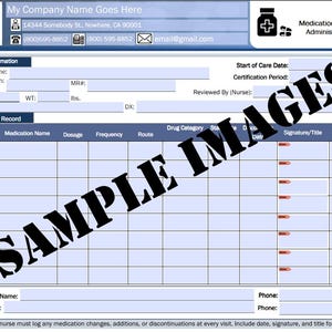 Puede incluir: Una plantilla de registro de perfil de medicación y administración con un diseño azul y blanco. La sección superior incluye el nombre de la empresa, la dirección y la información de contacto. El formulario tiene secciones para la información del paciente, los registros de medicación y los detalles del médico.