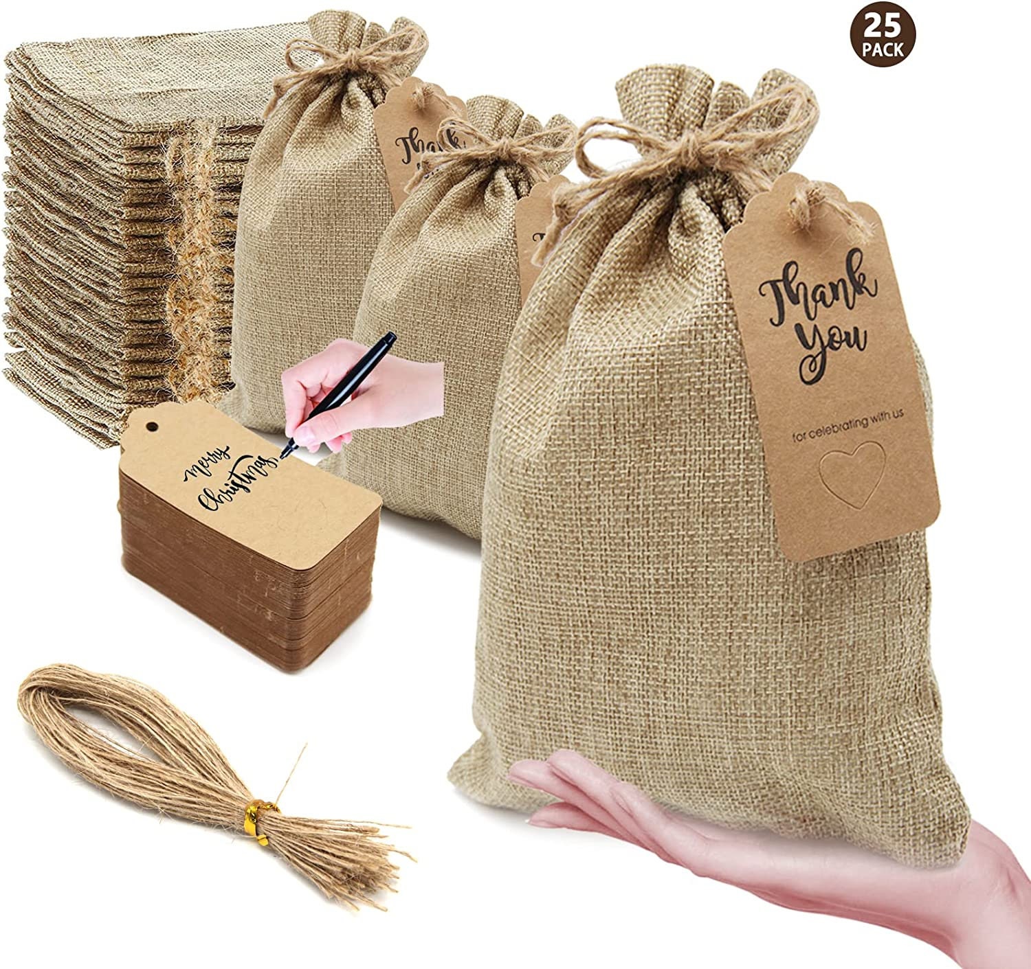 50x Burlap Bags with Drawstring by Kona Kift 5x75 Small Party Favor Gift  Bags  Bonus Gift Tags  String Brown Bags Bulk Small Size for Birthday  Bag Craft Bags Or Party