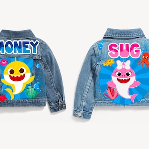 Custom Hand-Painted Kids Denim Jacket – Babyy Shark | Personalized Birthday Gift | Fast Turnaround |