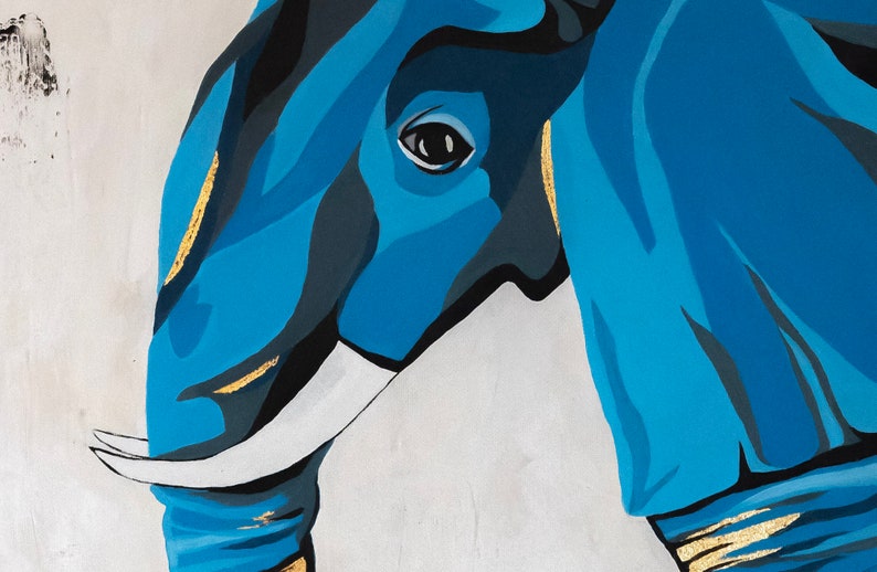 Blue Elephant Acrylic Painting with Gold Foil Details Luxurious Art, Contemporary Wall Art image 4