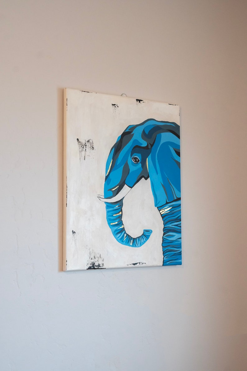 Blue Elephant Acrylic Painting with Gold Foil Details Luxurious Art, Contemporary Wall Art image 3