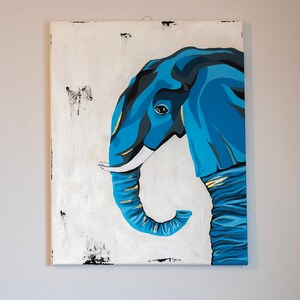 Blue Elephant Acrylic Painting with Gold Foil Details Luxurious Art, Contemporary Wall Art image 2