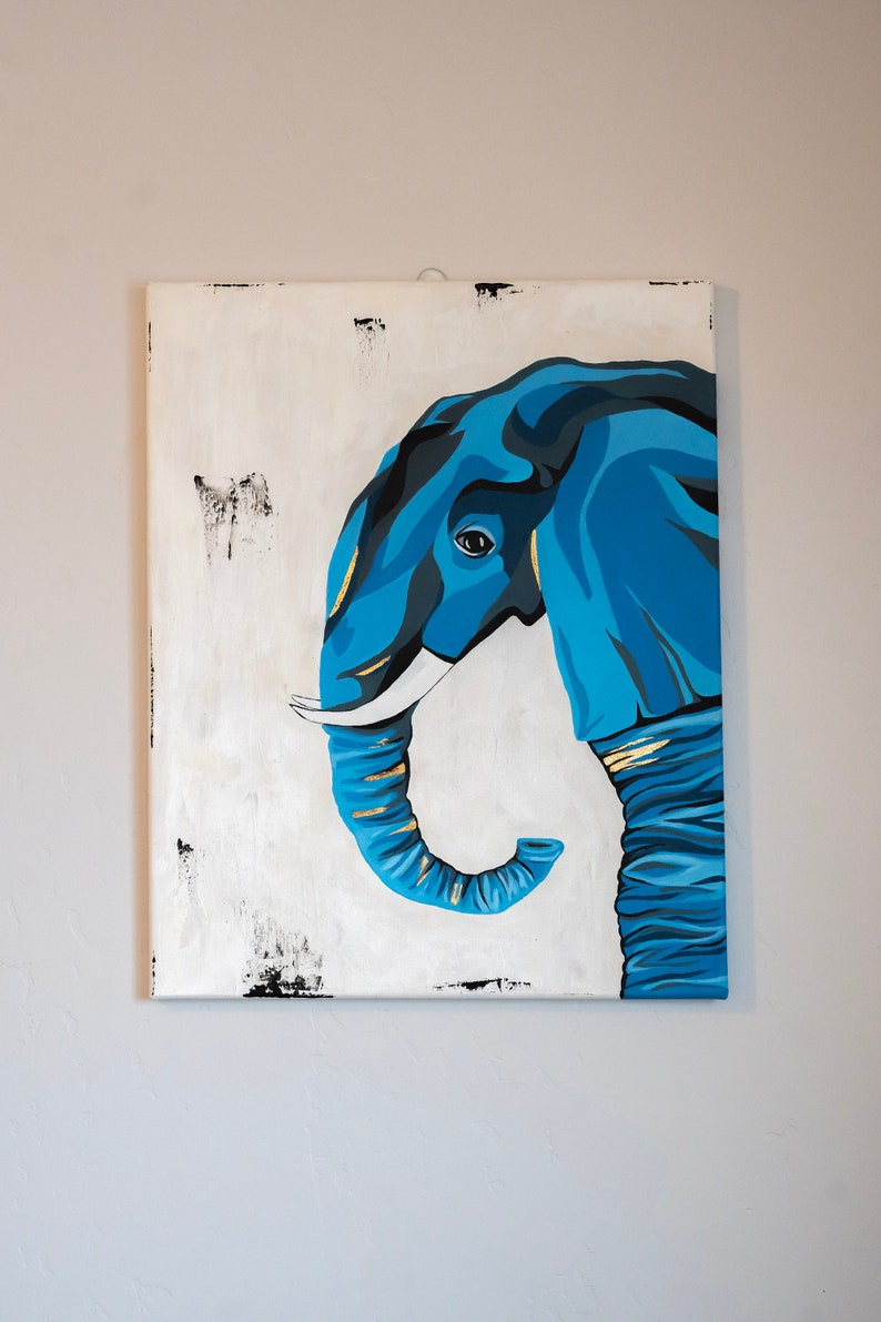 Blue Elephant Acrylic Painting with Gold Foil Details Luxurious Art, Contemporary Wall Art image 2