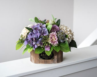 Faux Hydrangeas, Roses and Lisianthus Arrangement -  Purple Beige Centerpiece in Wooden Pot