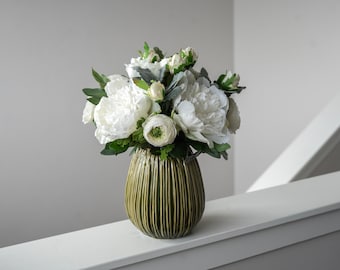 White Faux Peonies, Ranunculus and Roses Arrangement in Ceramic Vase