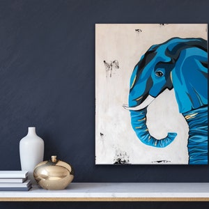 Blue Elephant Acrylic Painting with Gold Foil Details Luxurious Art, Contemporary Wall Art image 1