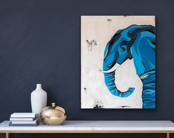 Blue Elephant Acrylic Painting with Gold Foil Details - Luxurious Art, Contemporary Wall Art