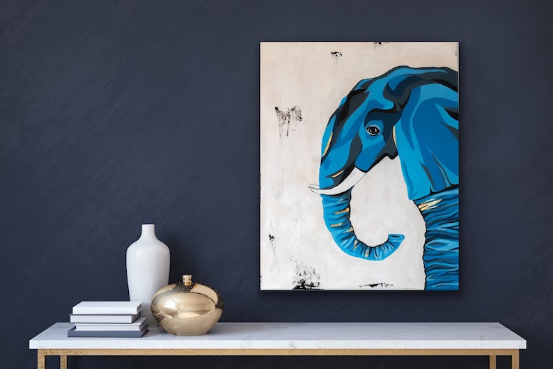 Blue Elephant Acrylic Painting with Gold Foil Details Luxurious Art, Contemporary Wall Art image 1