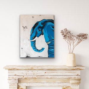 Blue Elephant Acrylic Painting with Gold Foil Details Luxurious Art, Contemporary Wall Art image 5