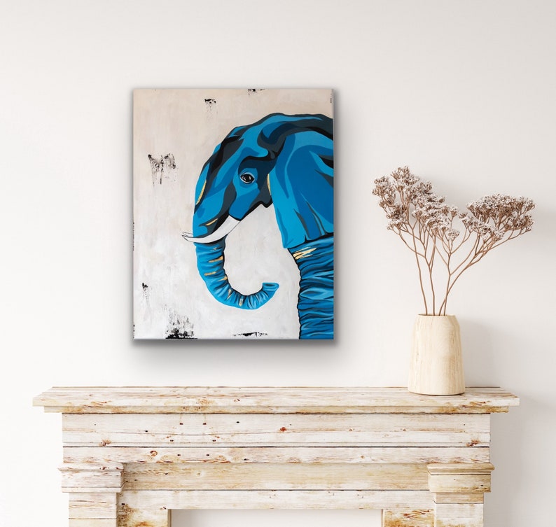 Blue Elephant Acrylic Painting with Gold Foil Details Luxurious Art, Contemporary Wall Art image 5