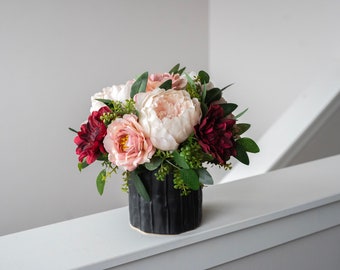 Faux Peonies Roses Dahlias Flower Arrangement - Faux Light Pink and Burgundy Centerpiece in Black Ceramic Pot