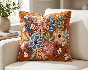 Hand Embroidered Floral Pillow Cover, Cotton Velvet Cushion, Boho Botanical Home Decor, Artisan Pillow, Sofa Chair cushion 18x18, 20x20
