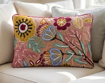 Hand Embroidered Velvet Pillow Cover, Floral Cotton Cushion, Boho Accent Pillow, Colorful Sofa Decor, embroidered velvet pillow, 12x20