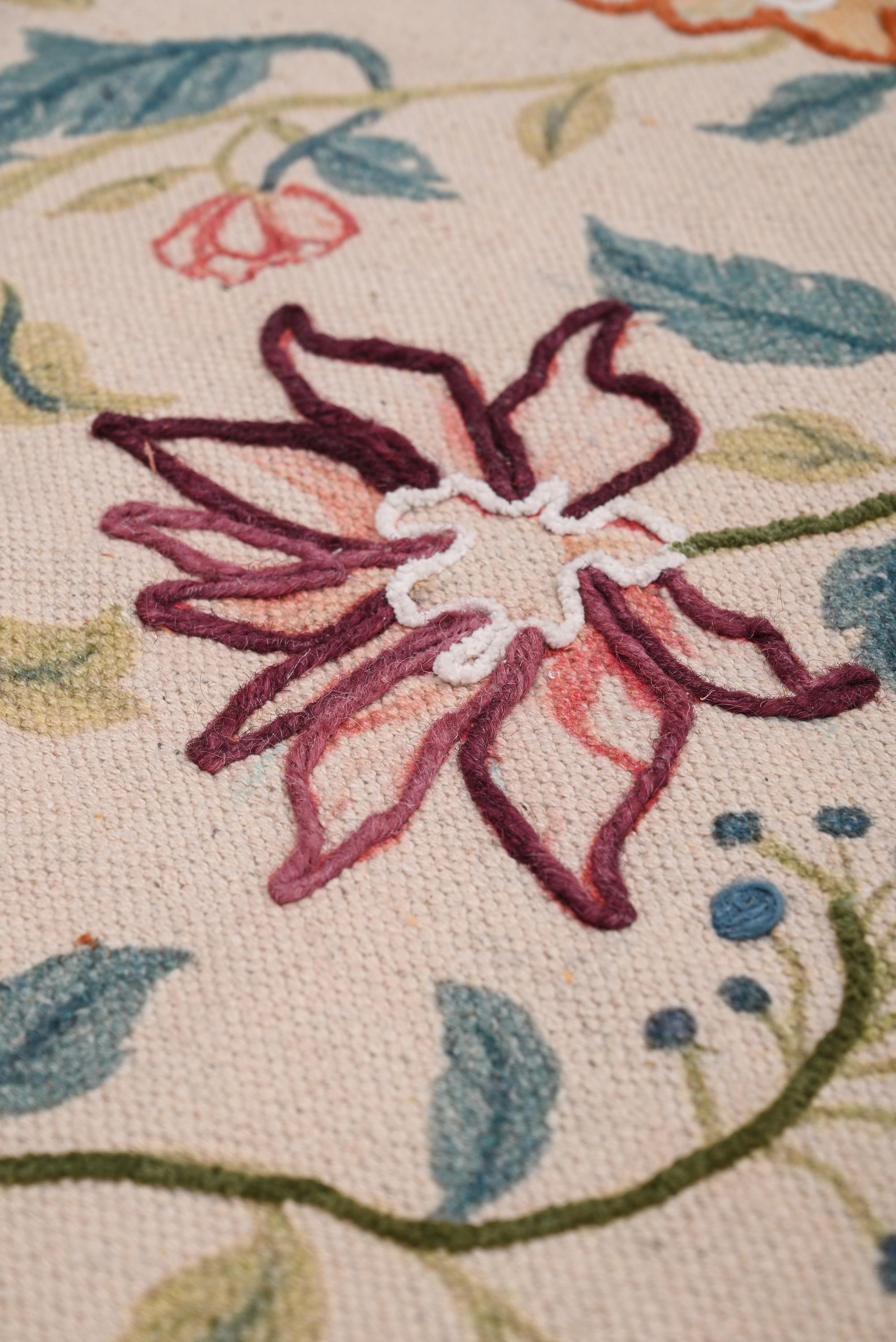 花柄刺繍コットンラグ：手刺繍ラグ、リビングルームラグ、室内ラグ