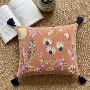 Può includere: Un cuscino rettangolare in velluto color pesca caratterizzato da intricati ricami floreali nei toni del rosa, bianco, blu e giallo. Il cuscino è arricchito da nappe blu scuro su ciascuno dei quattro angoli, aggiungendo una finitura decorativa.