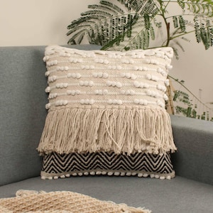 Boho Floral Throw Pillow Cover: Cotton-Linen Cushion with Tassels