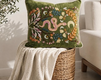 Embroidered Velvet Botanical Throw Pillow, Accent Pilllow, embroidered pillow modern, floral embroidery art, vintage floral pillow, 12x20