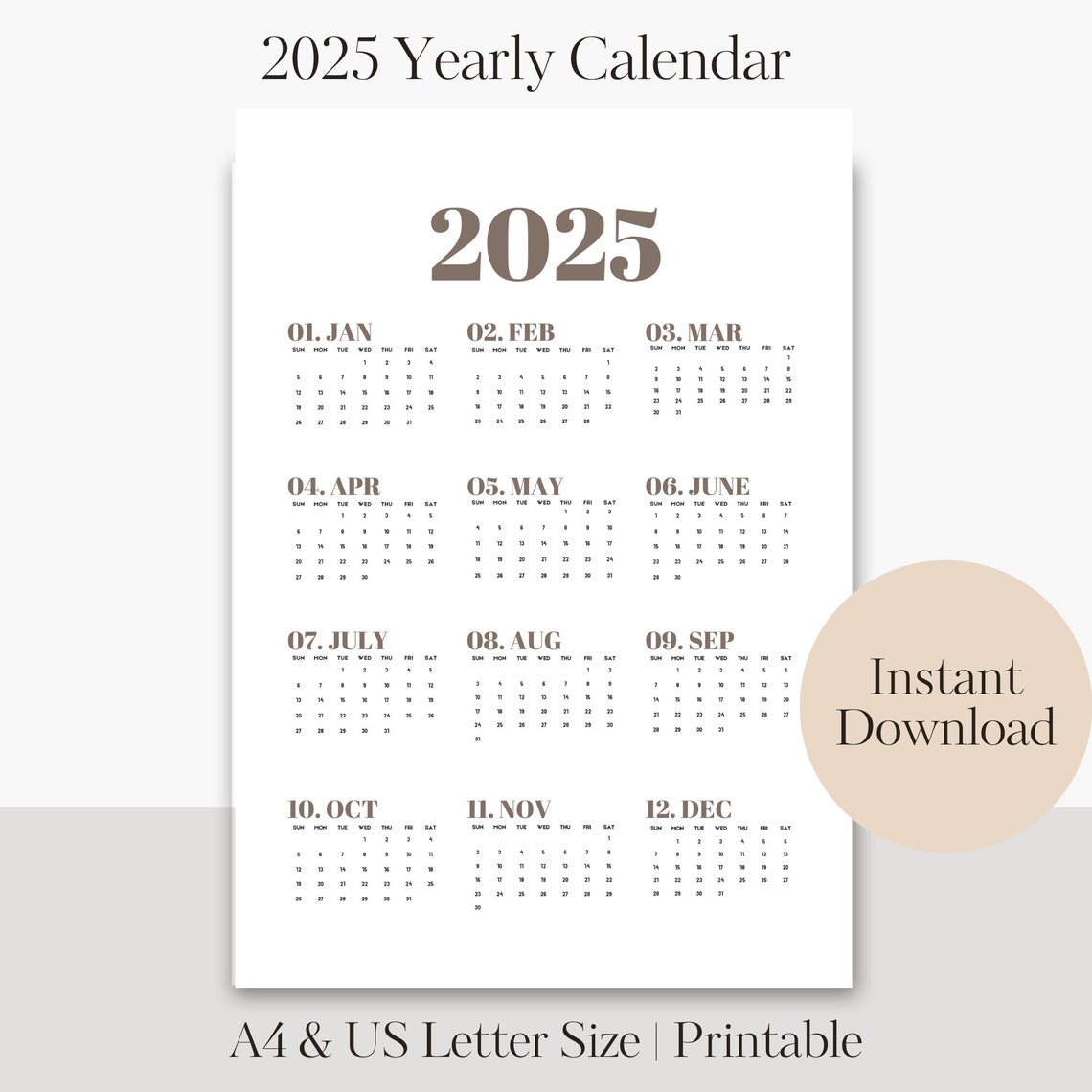 2025 Yearly Calendar Printable A4 and US Letter Size, Desk Calendar ...