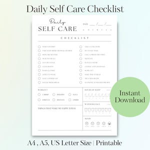 Daily Self Care Checklist - Printable PDF | Simple Wellness Routine Tracker | Mental Health Planner Page | A4 A5 US Letter | 2 colors