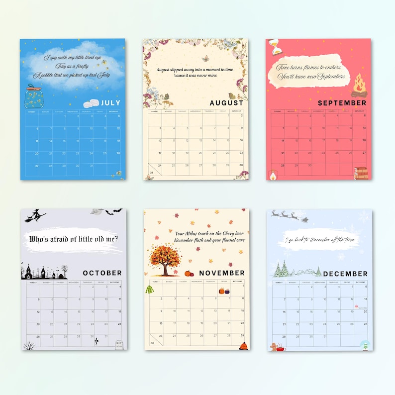 2025 Printable Swiftie Lyrics Calendar Taylor Swift Inspired Eras A4