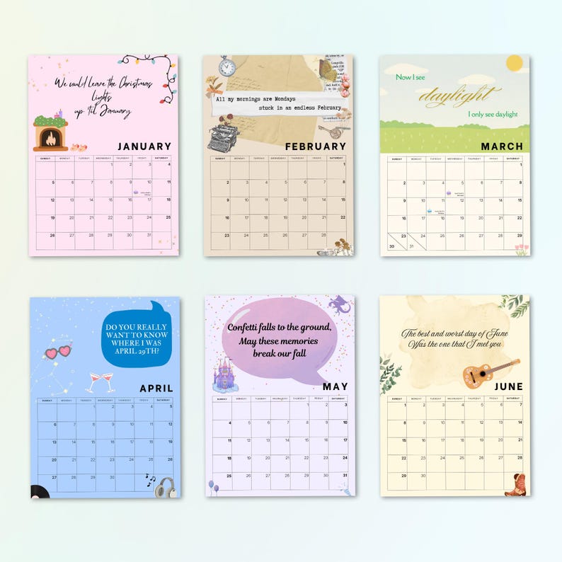 2025 Printable Swiftie Lyrics Calendar Taylor Swift Inspired Eras A4