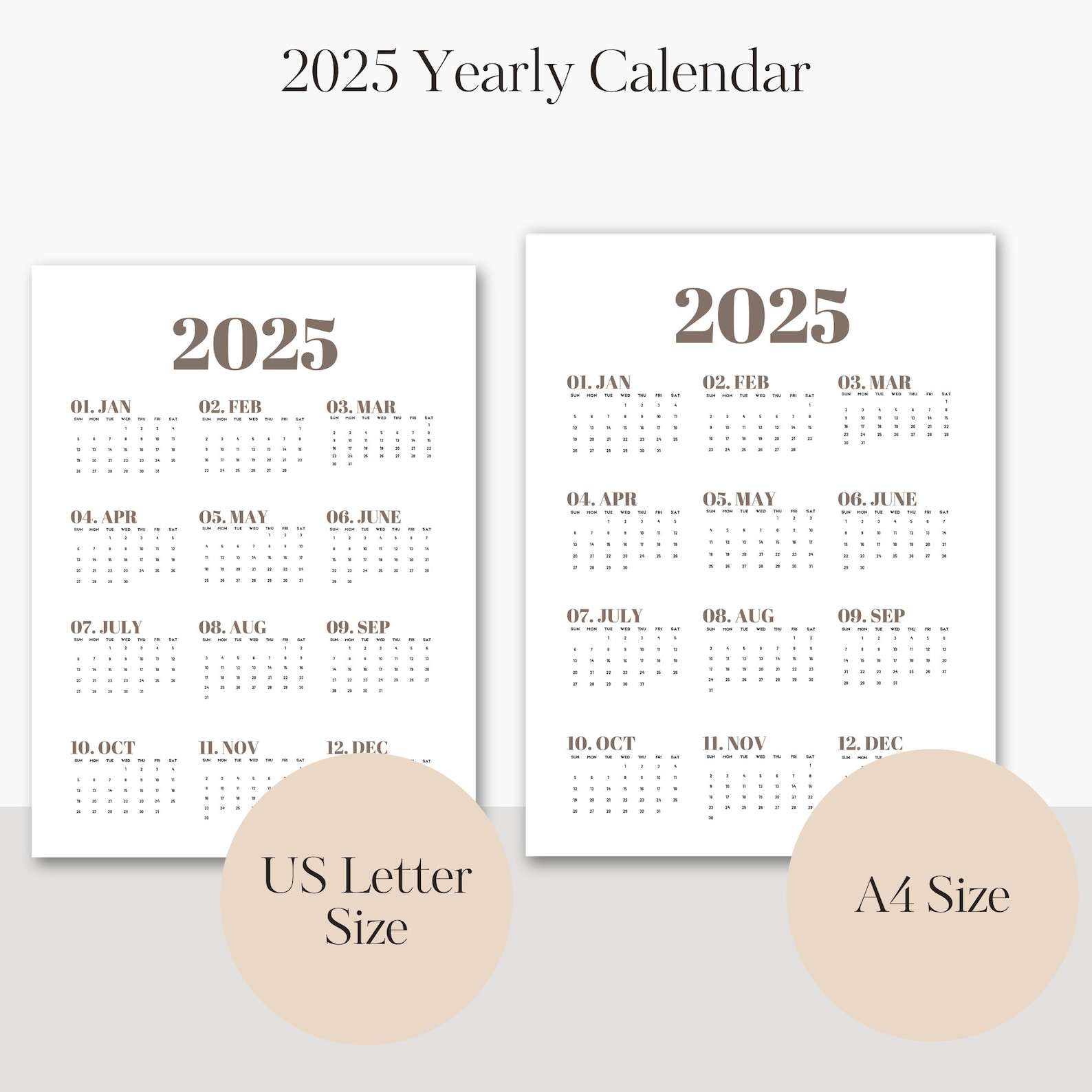 2025 Yearly Calendar Printable A4 and US Letter Size, Desk Calendar ...